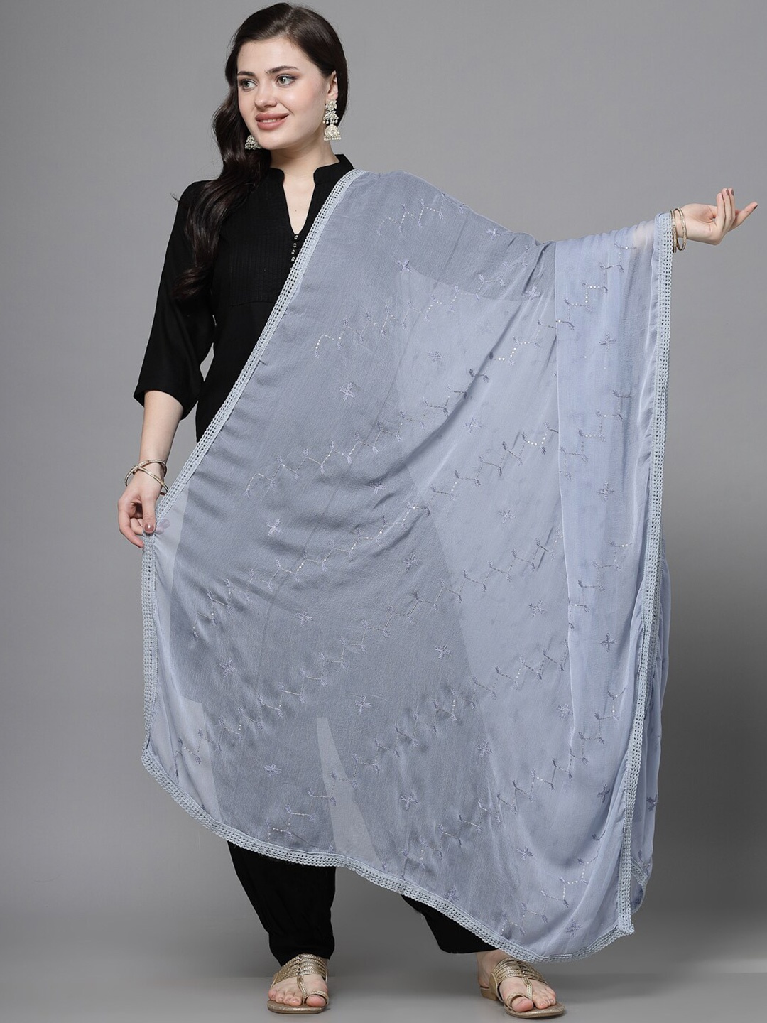 

Clora Creation Ethnic Motifs Embroidered Dupatta, Grey
