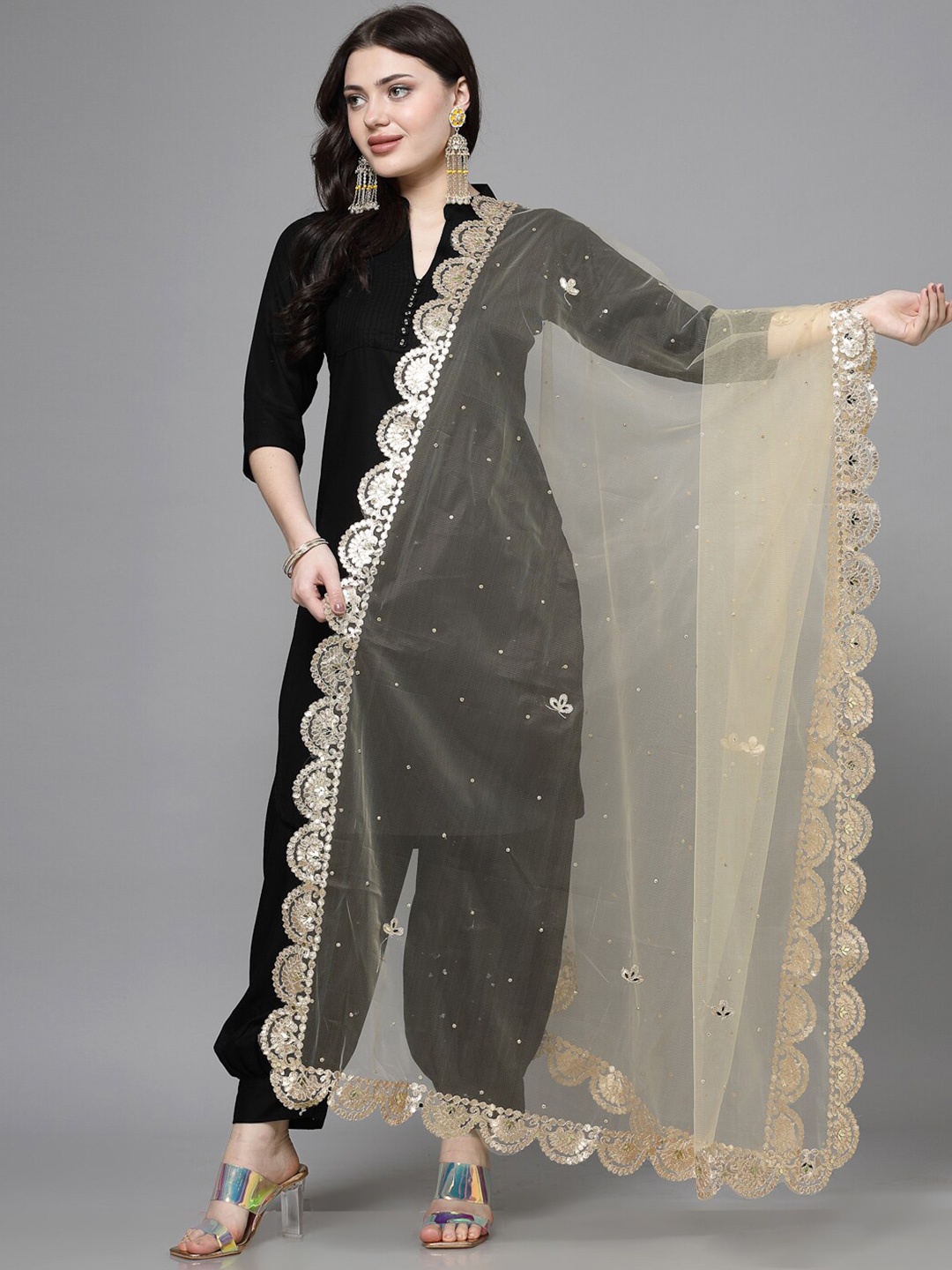 

Clora Creation Ethnic Motifs Embroidered Dupatta with Gotta Patti, Beige