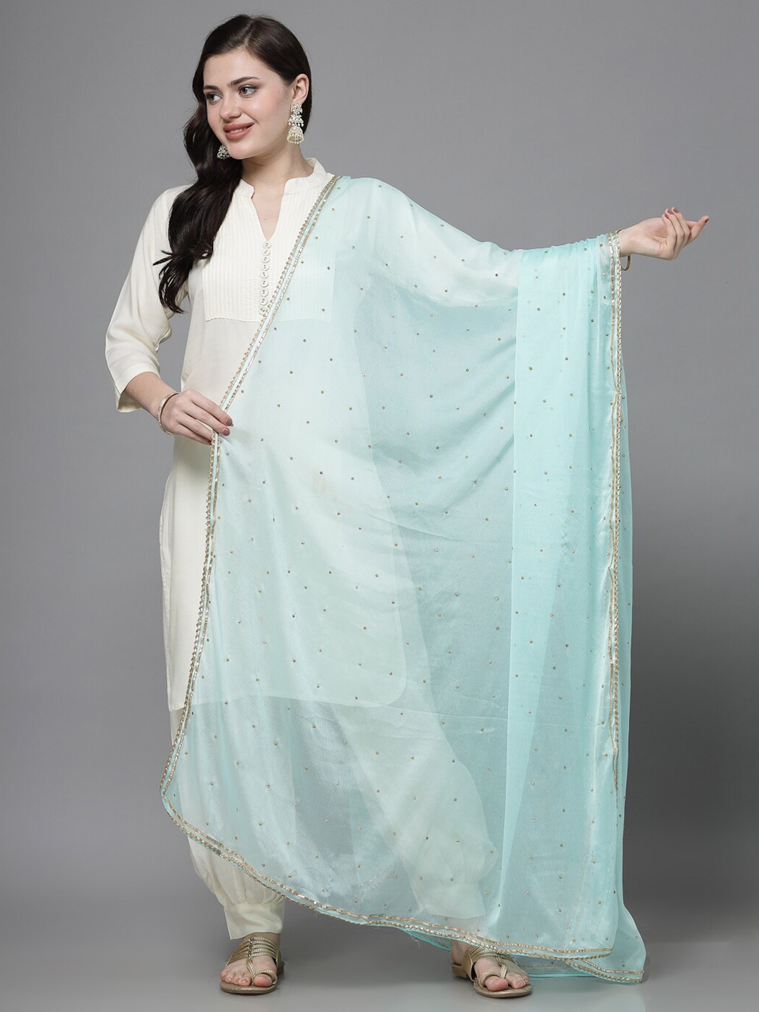 

Clora Creation Geometric Embroidered Gotta Patti Dupatta, Sea green