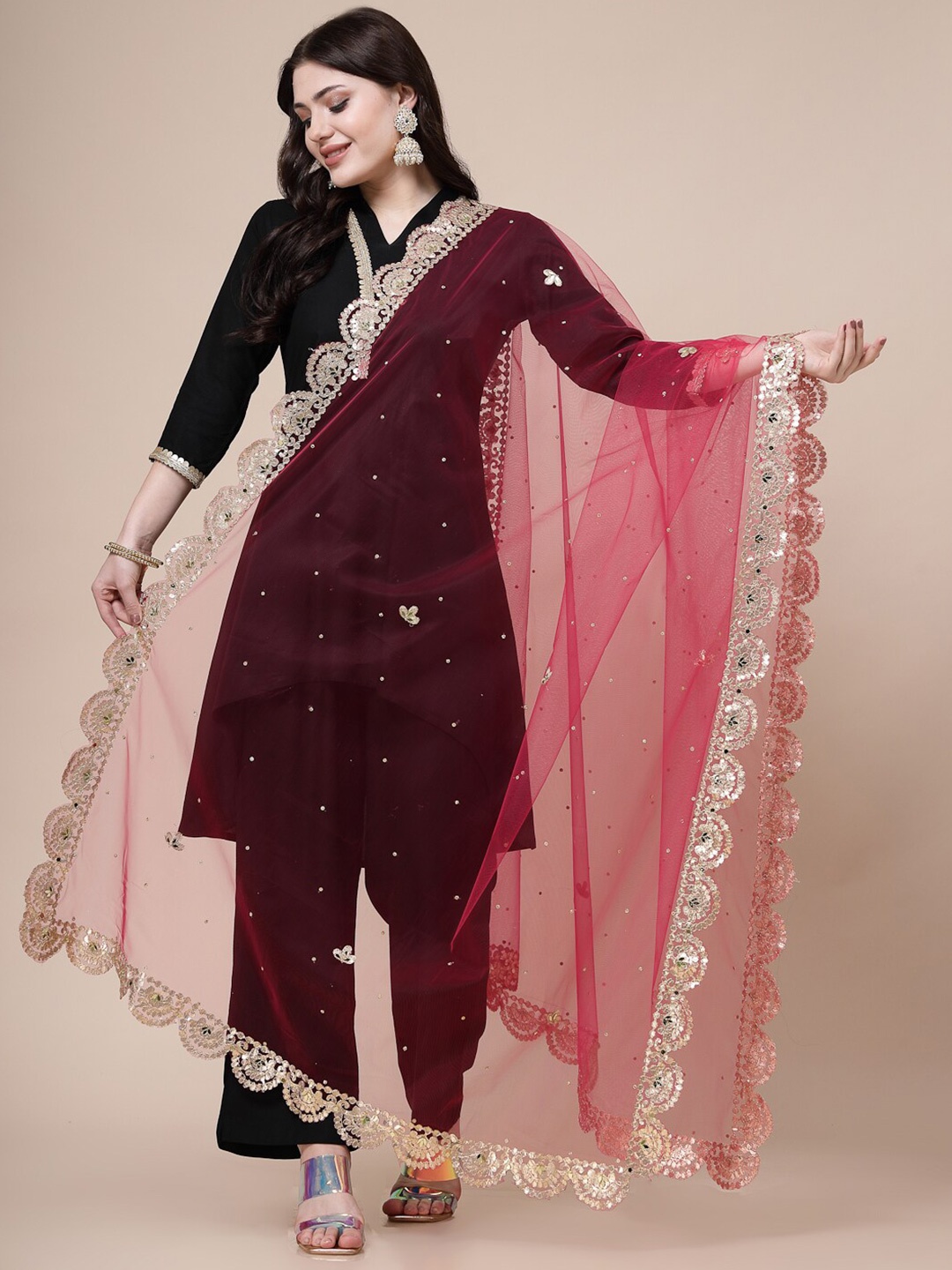 

Clora Creation Ethnic Motifs Embroidered Dupatta with Gotta Patti, Magenta