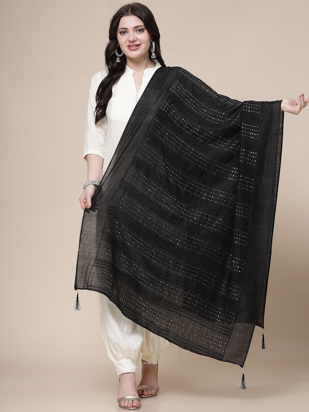 

Clora Creation Ethnic Motifs Embroidered Sequinned Dupatta, Black