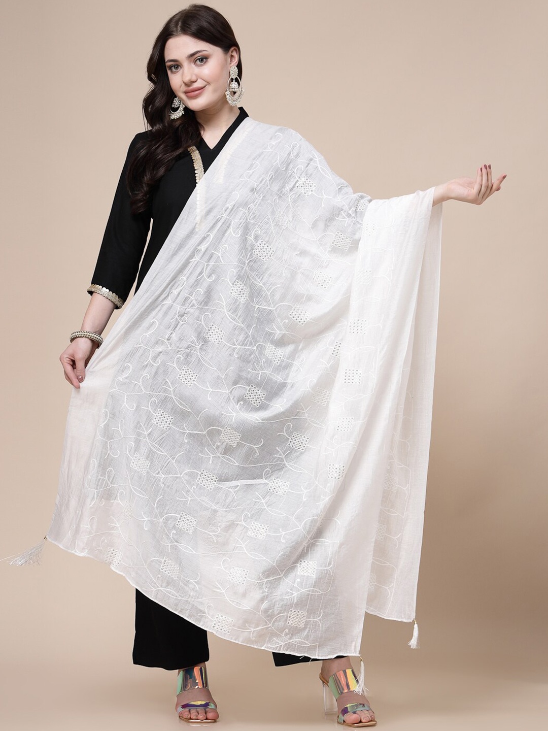 Clora Creation Ethnic Motifs Embroidered Dupatta, White