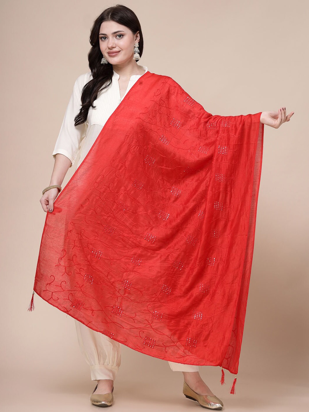 

Clora Creation Ethnic Motifs Embroidered Dupatta with Sequinned, Red