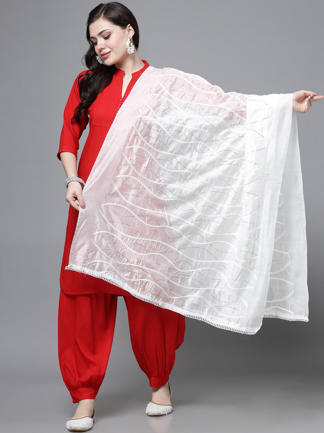 

Clora Creation Striped Embroidered Sequinned Cotton Dupatta, White