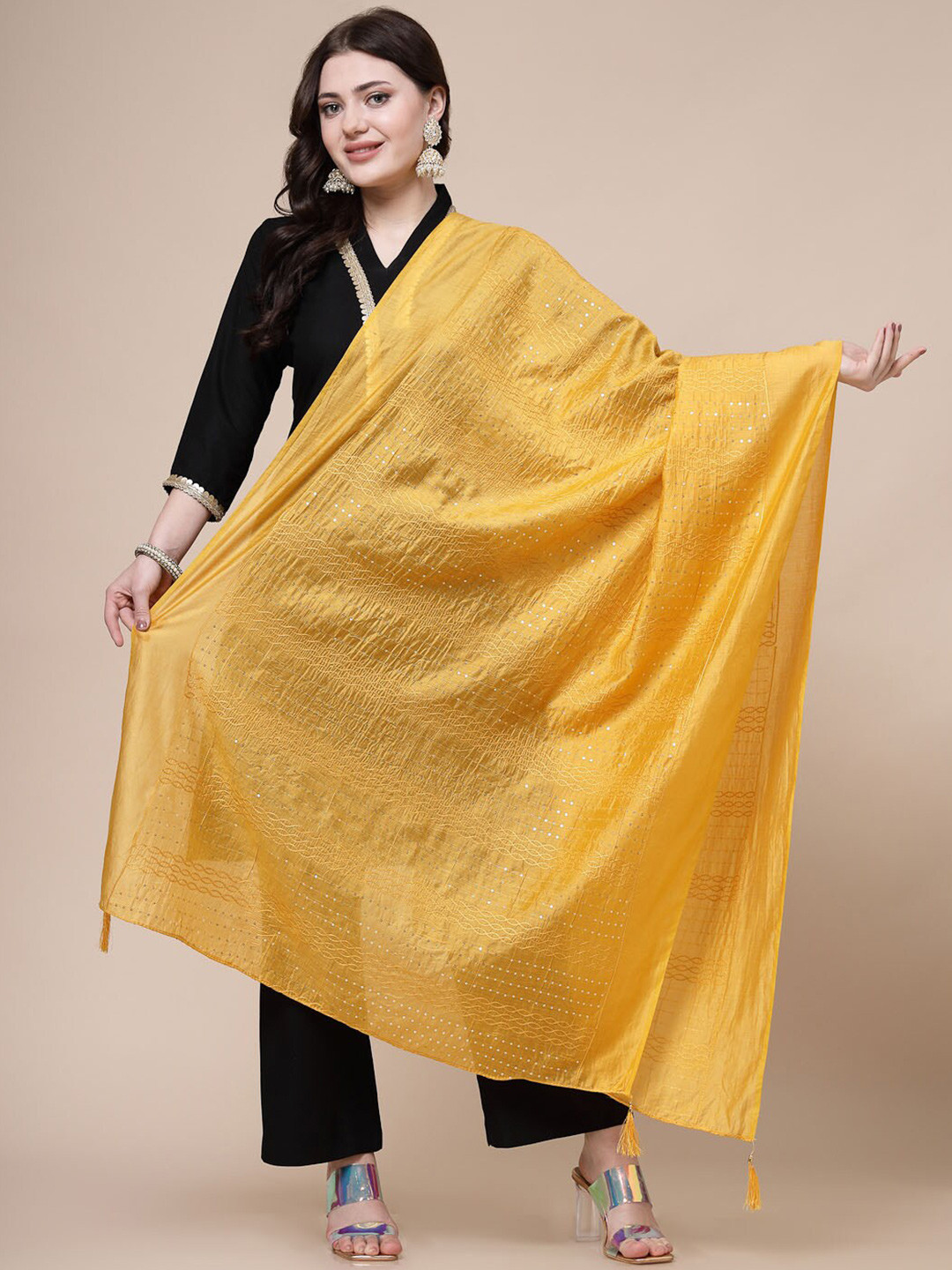 

Clora Creation Embroidered Cotton Dupatta with Sequinned, Mustard