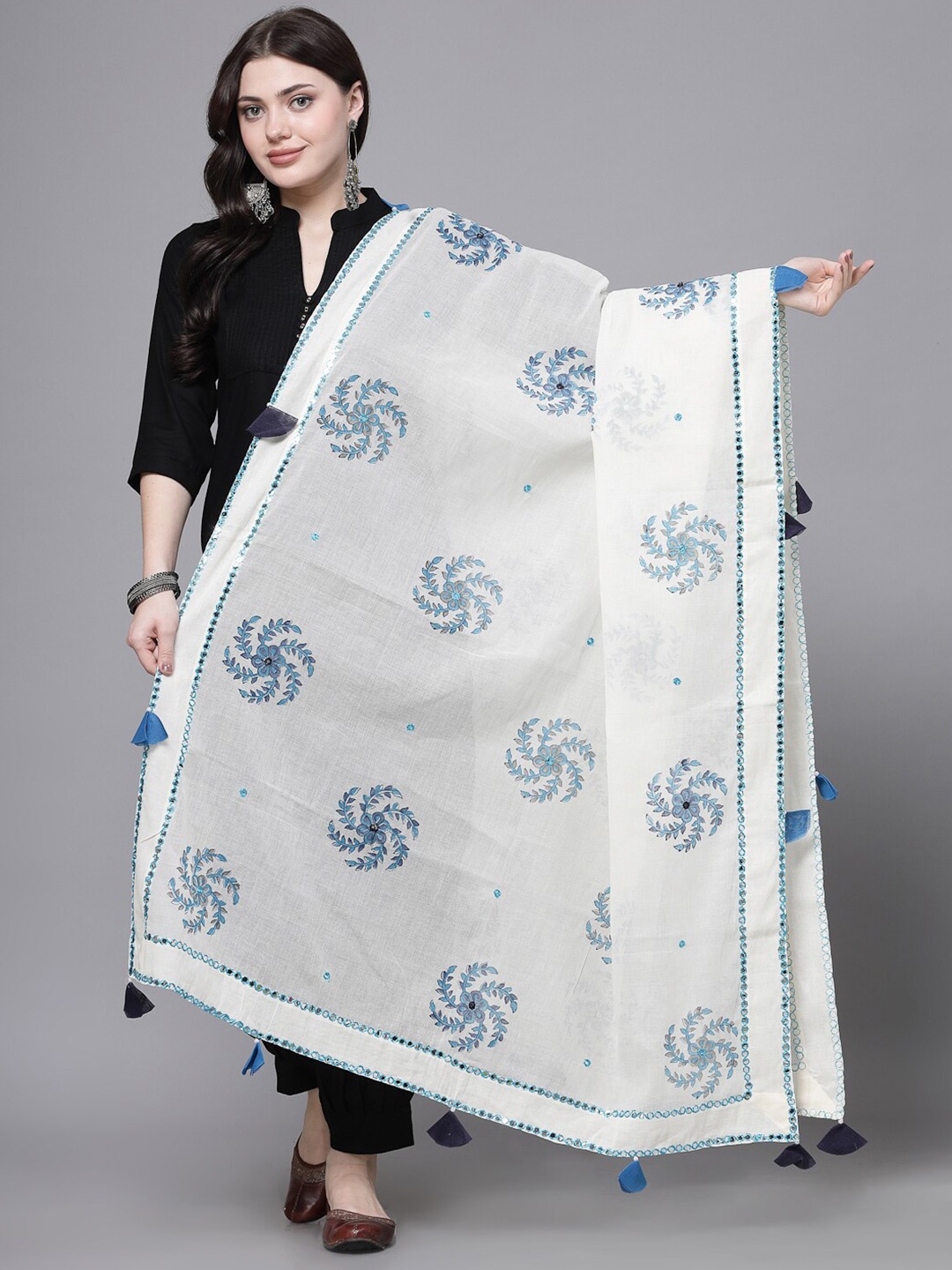 

Clora Creation Floral Embroidered Mirror Work Cotton Dupatta, White