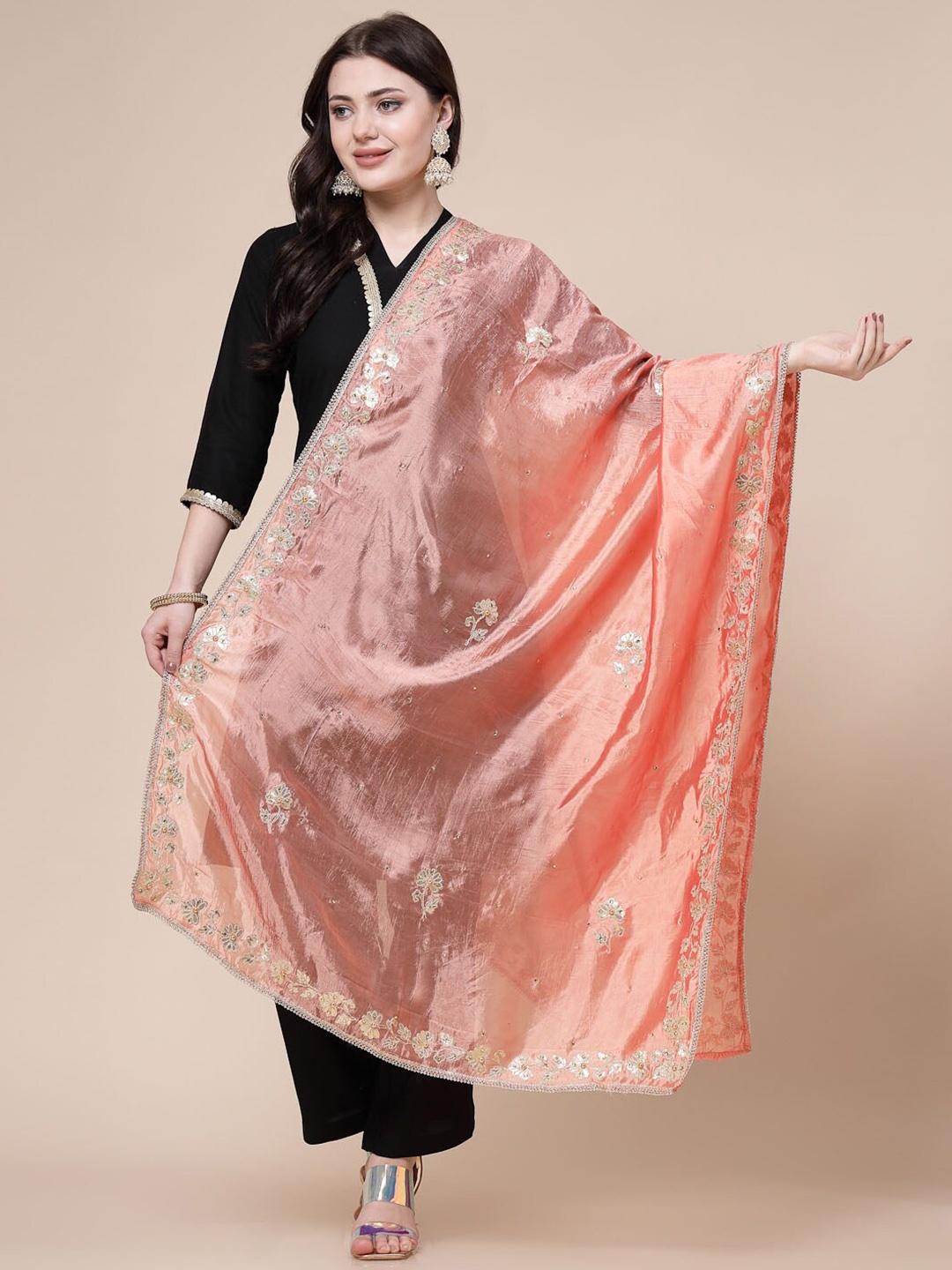

Clora Creation Embroidered Dupatta with Gotta Patti, Peach