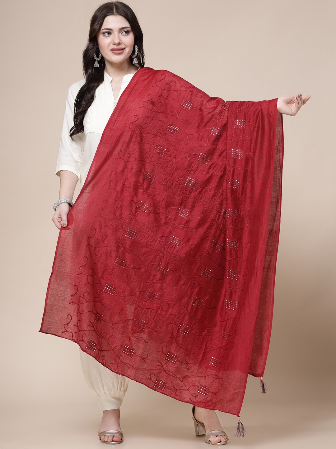 Clora Creation Floral Embroidered Sequinned Dupatta, Maroon