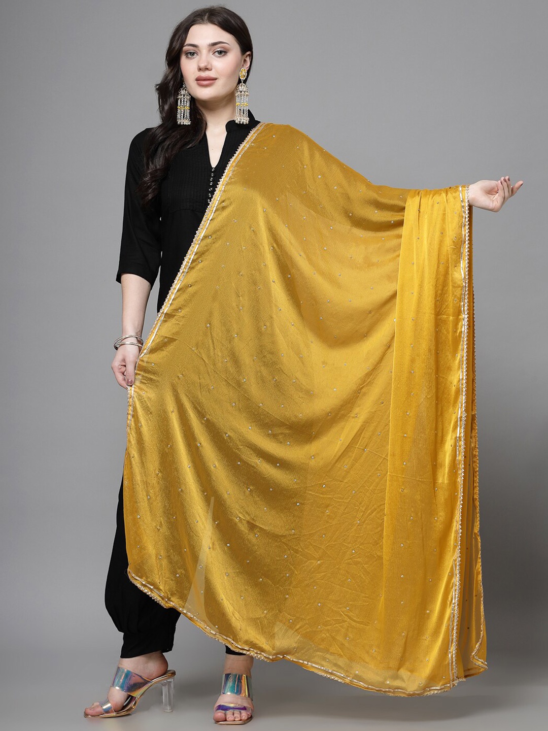 

Clora Creation Geometric Embroidered Gotta Patti Dupatta, Mustard