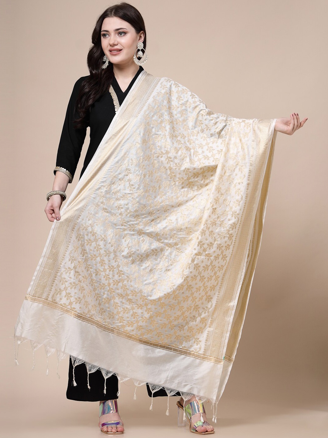 

Clora Creation Floral Woven Design Dupatta, White