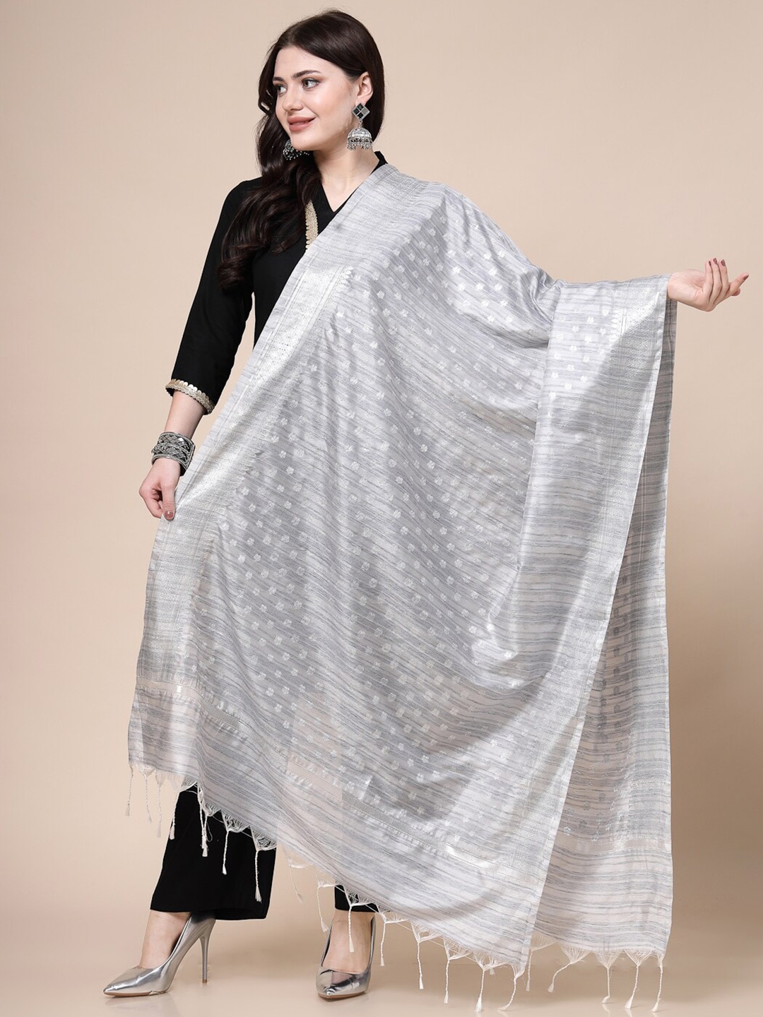 

Clora Creation Ethnic Motifs Woven Design Zari Dupatta, Grey