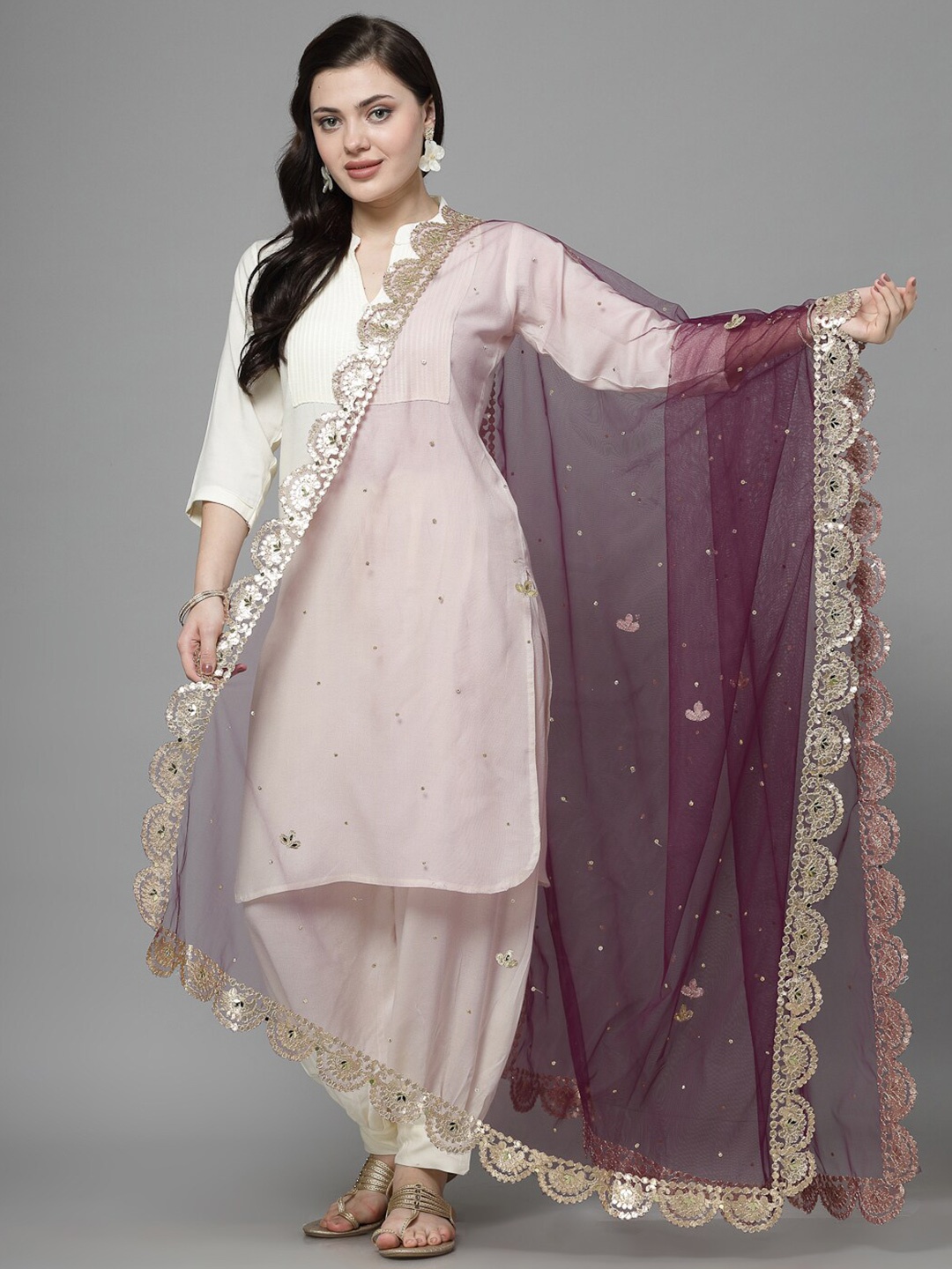 

Clora Creation Ethnic Motifs Embroidered Dupatta with Gotta Patti, Burgundy