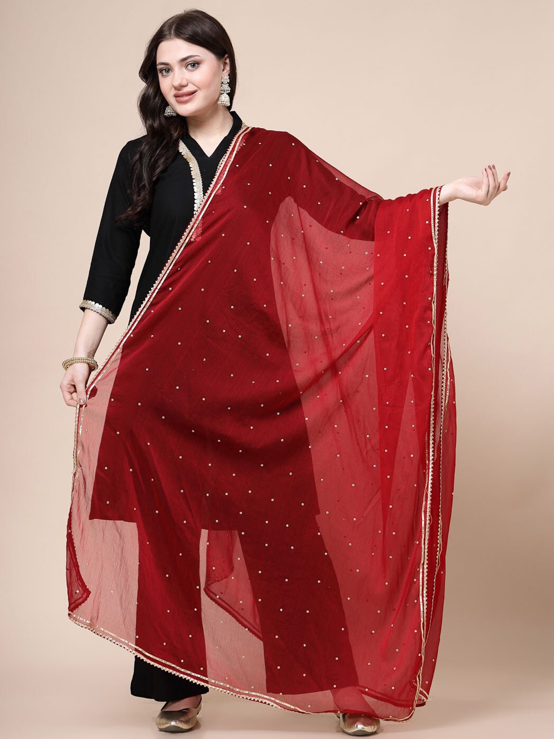 

Clora Creation Geometric Embroidered Gotta Patti Dupatta, Maroon