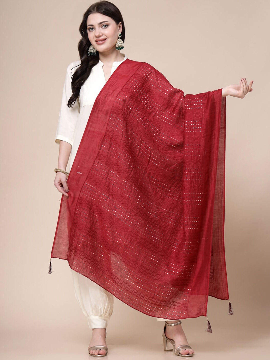 

Clora Creation Embroidered Dupatta with Sequinned, Maroon