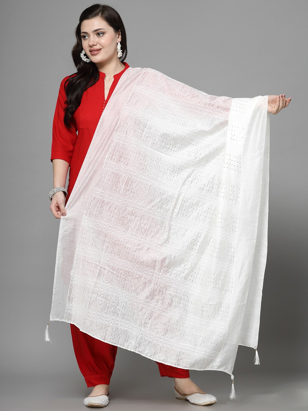 

Clora Creation Embroidered Dupatta with Sequinned, White
