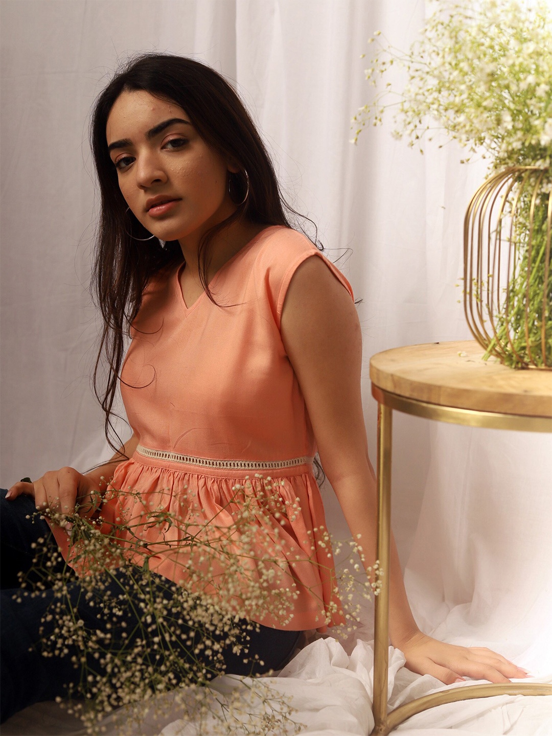 

SPARROW V-Neck A-Line Top, Peach