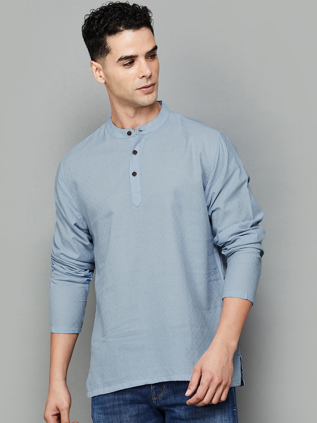 

Melange by Lifestyle Woven Design Band Collar Cotton Kurta, Blue