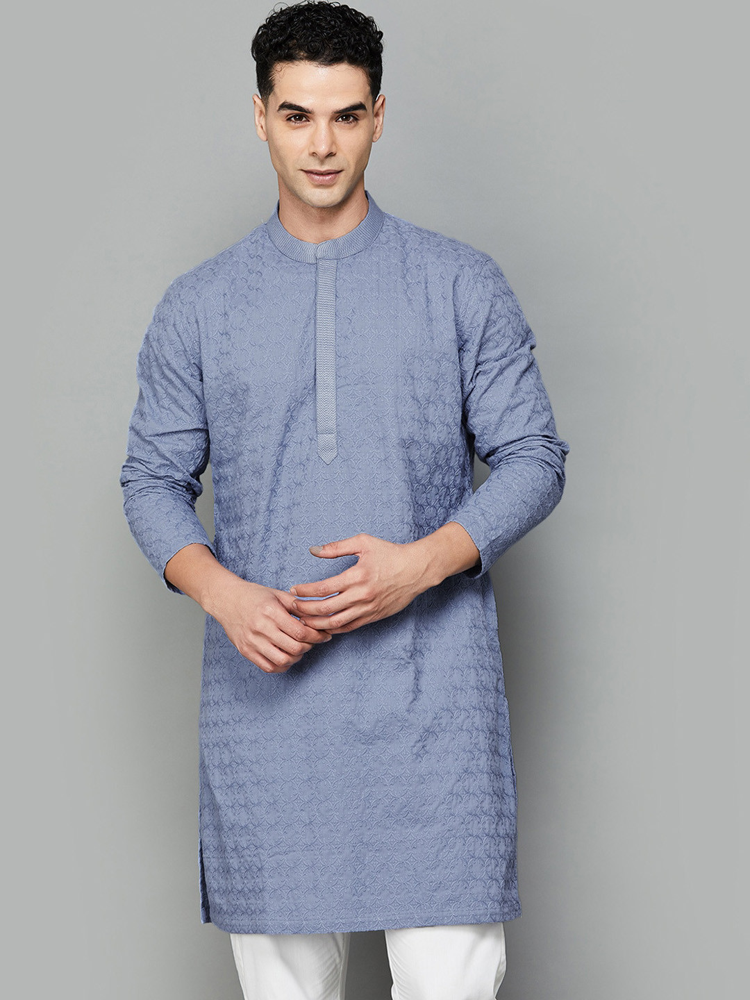 

Melange by Lifestyle Floral Embroidered Thread Work Straight Cotton Kurta, Blue