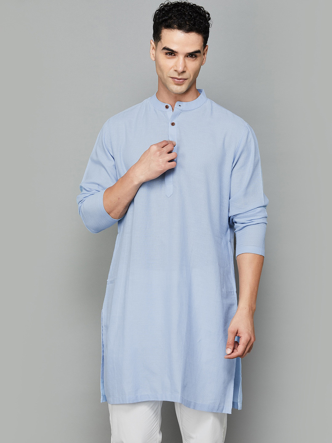 

Melange by Lifestyle Band Collar Cotton Kurta, Blue