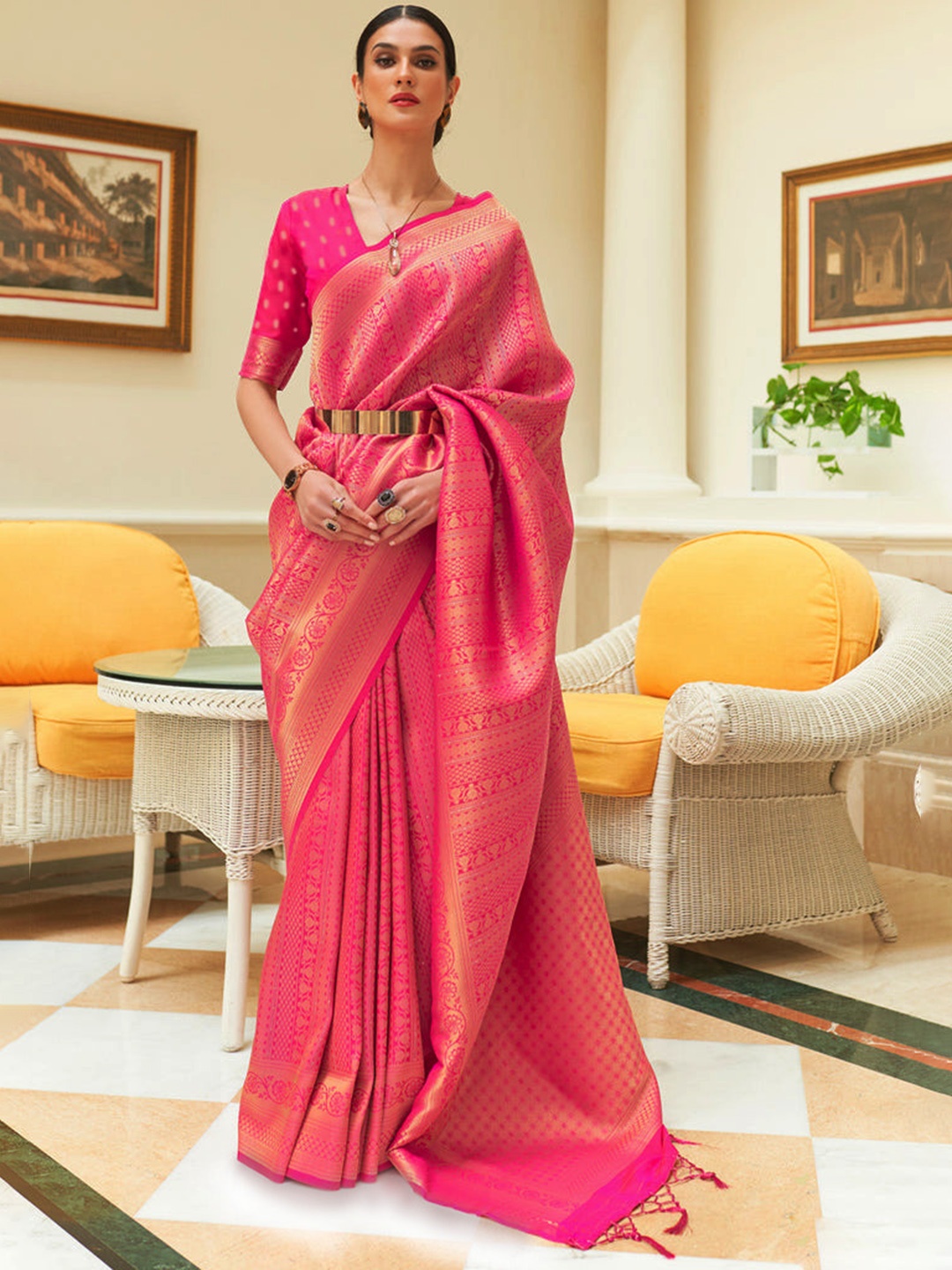 

NK Textiles Woven Design Zari Kanjeevaram Saree, Pink