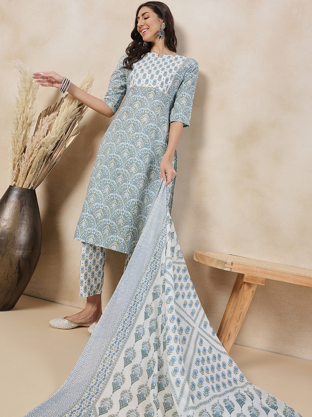 

Anouk Ethnic Motifs Printed Anarkali Pure Cotton Kurta with Trousers & Dupatta, Blue