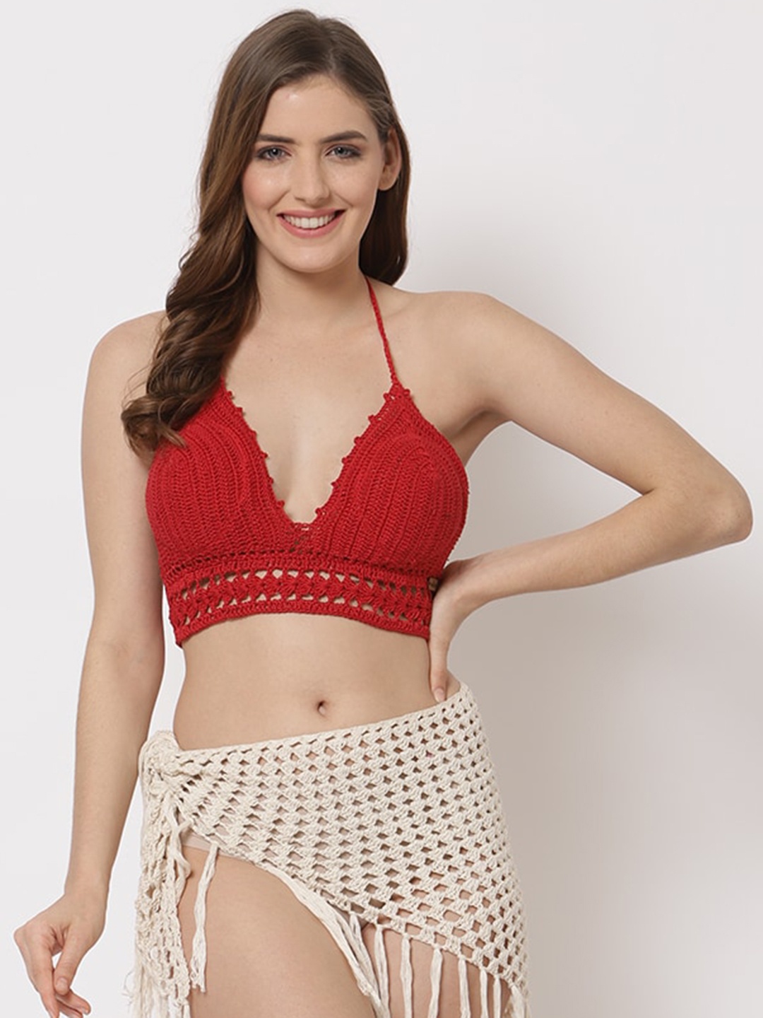 

Velvery Crochet Bralette with Tasseled Swim Coverup Set, Red