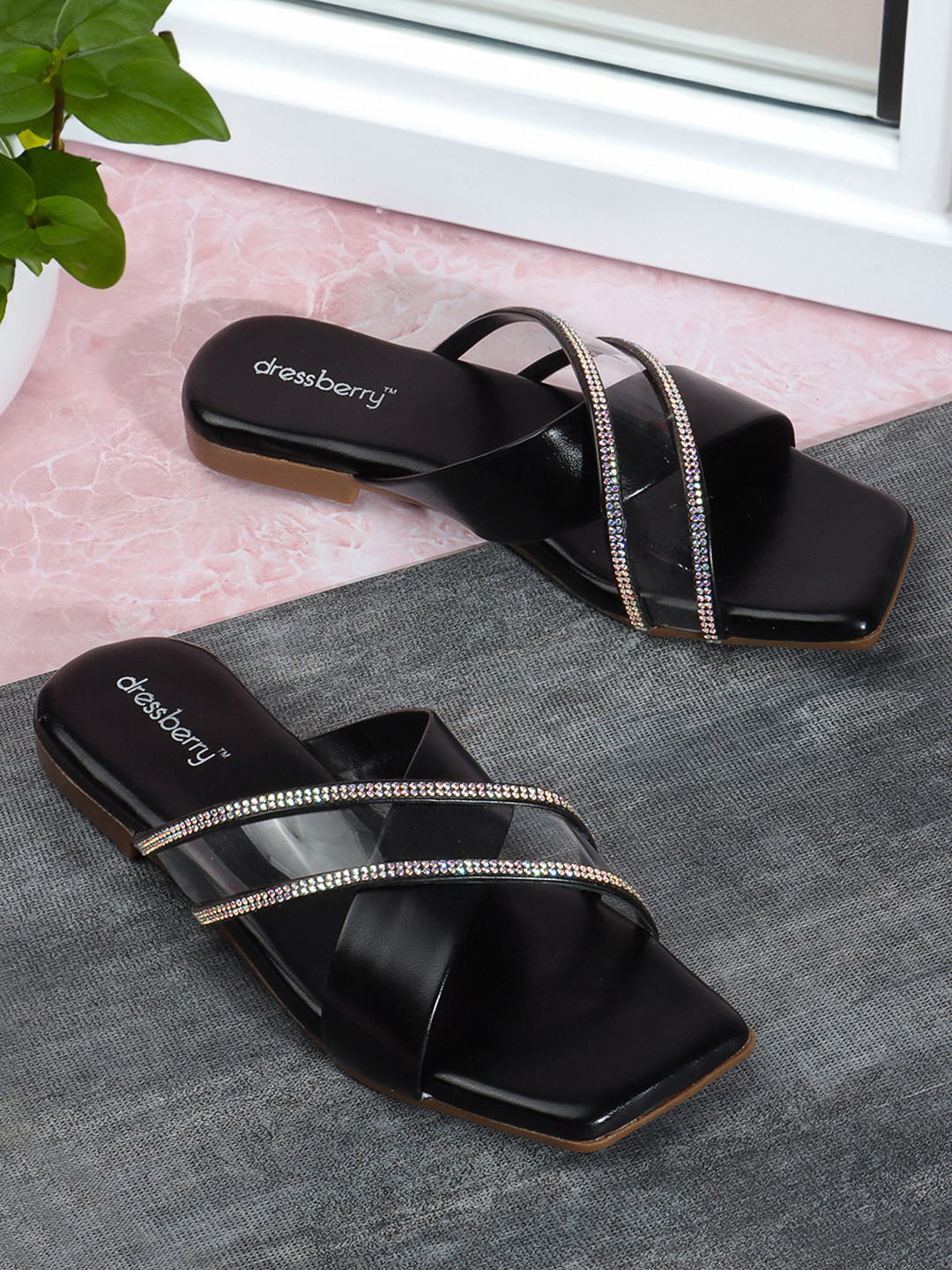 

DressBerry Black Embellished Open Toe Flats