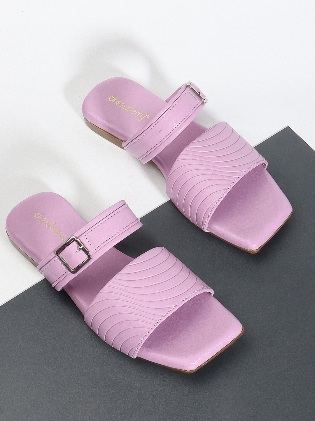 

DressBerry Purple Textured Buckle Detail Open Toe Flats