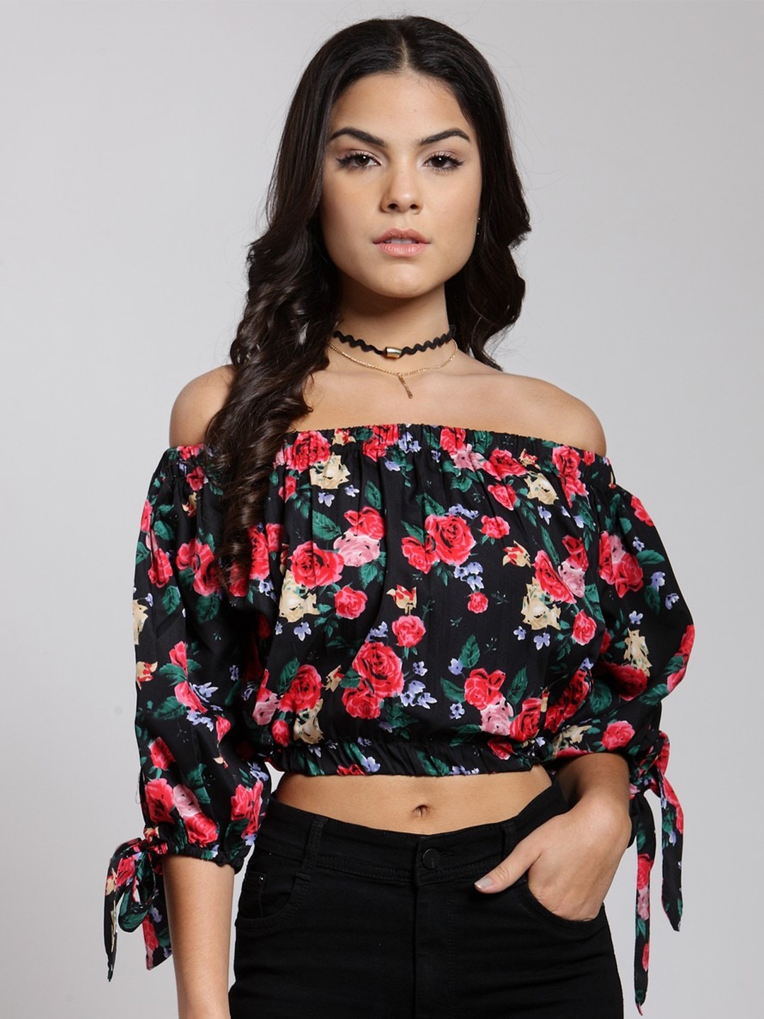 

BAESD Floral Printed Off-Shoulder Puffed Sleeves Bardot Crop Top, Black