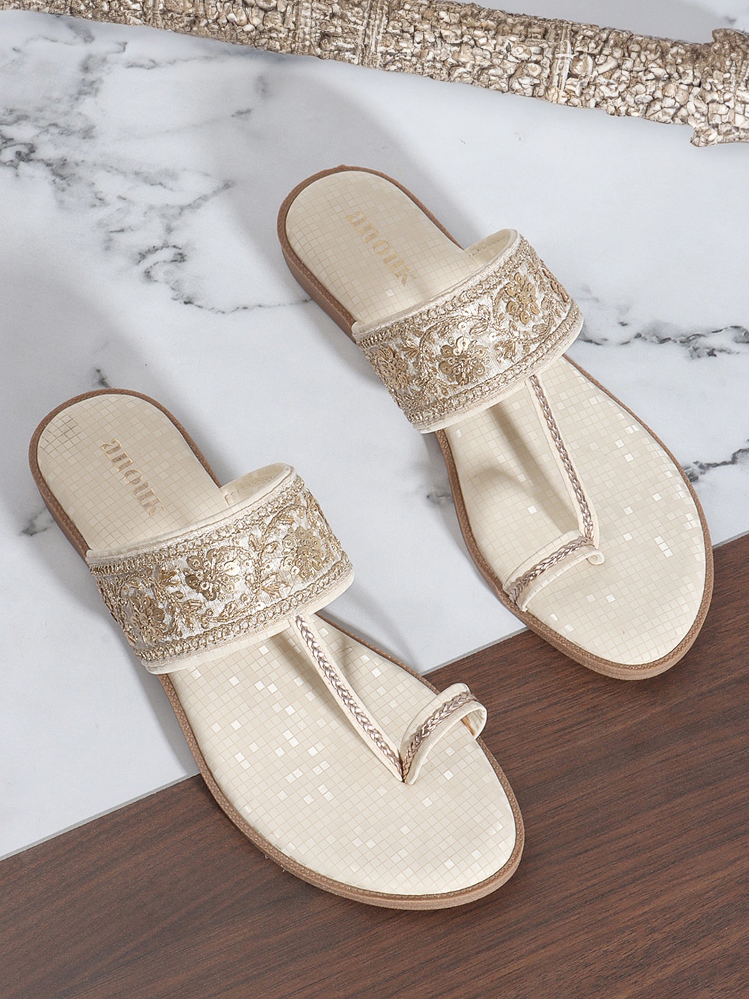 

Anouk Cream-Coloured Embellished Open Toe Flats