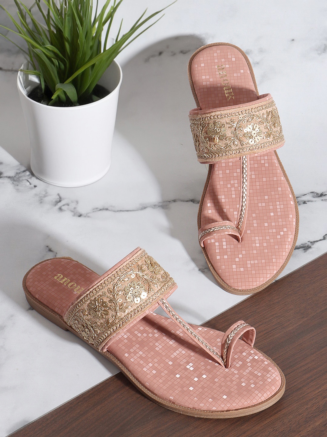 

Anouk Peach-Coloured Embellished One Toe Flats