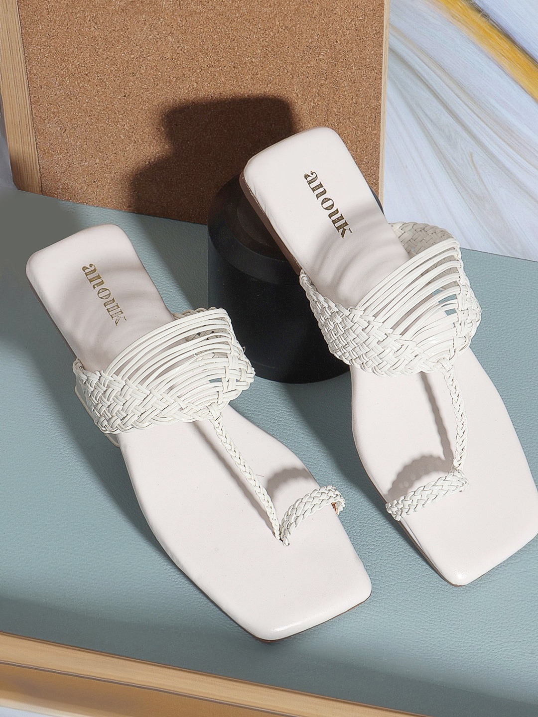 

Anouk White Textured Open Toe Flats