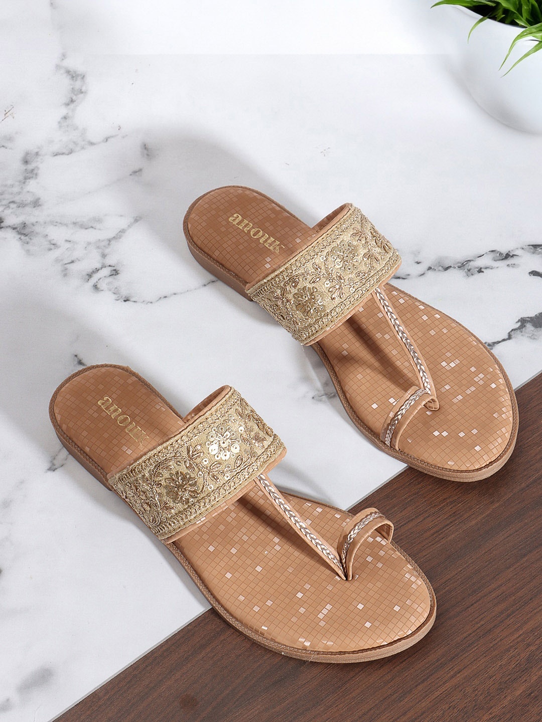 

Anouk Embellished One Toe Flats, Beige