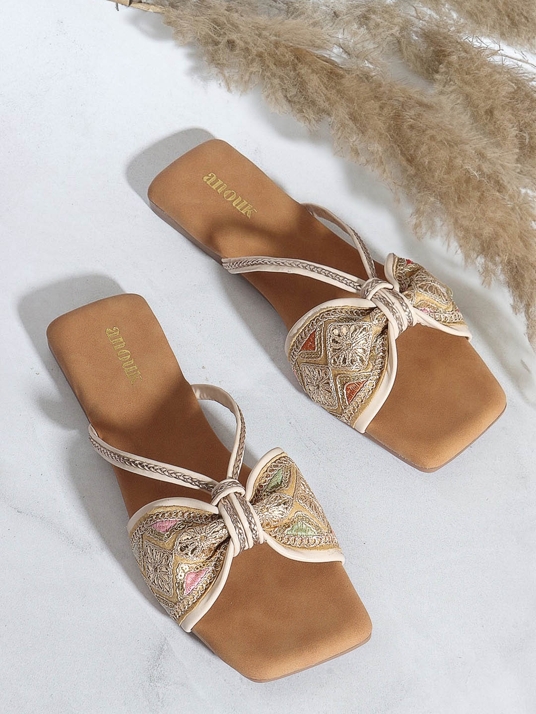 

Anouk Cream-Coloured Embellished Open Toe Flats