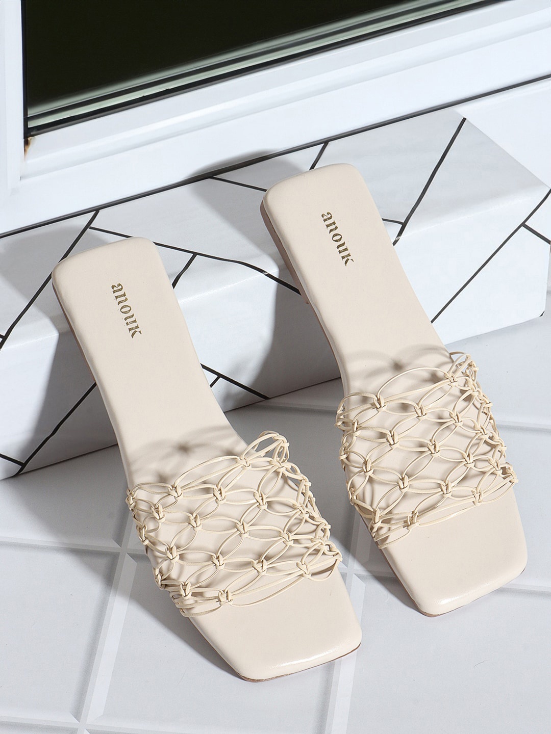 

Anouk White Textured Open Toe Flats