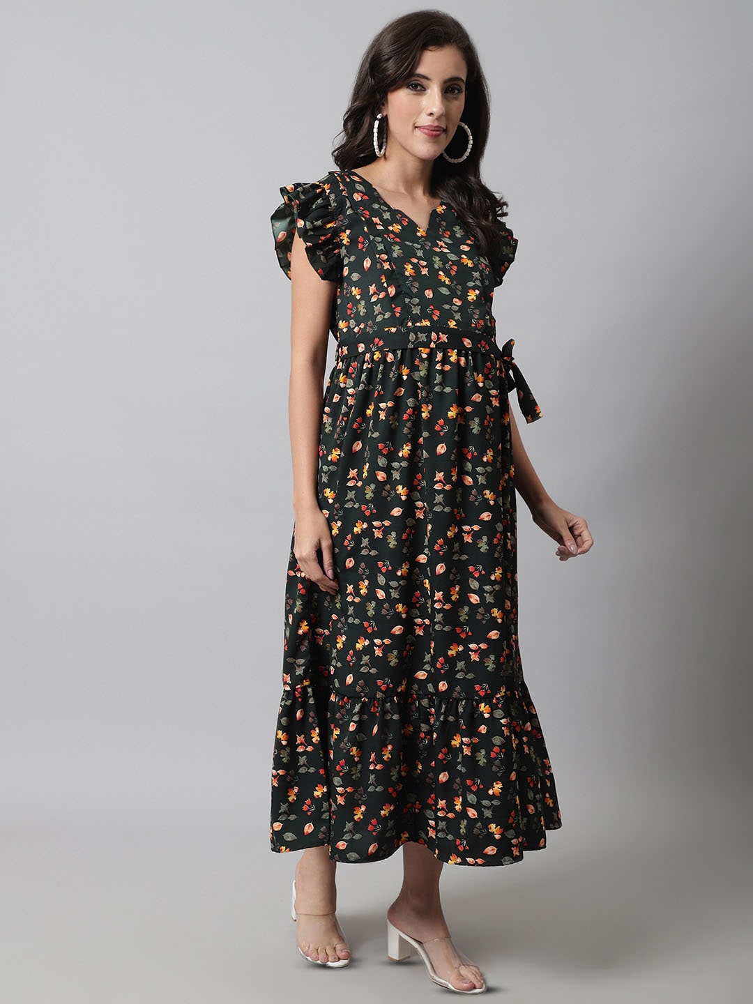 

Frempy Floral Print Flutter Sleeve Notch Collar Maternity Maxi Dress, Green