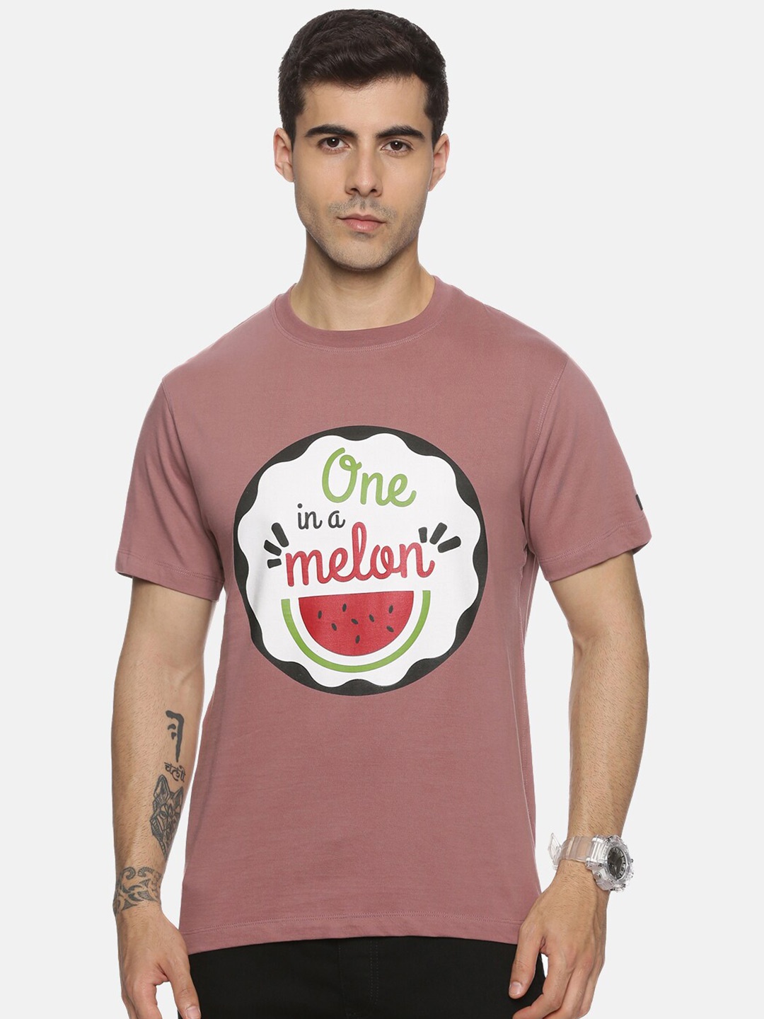 

ABLING Typography Printed Pure Cotton Bio Finish Applique T-shirt, Mauve