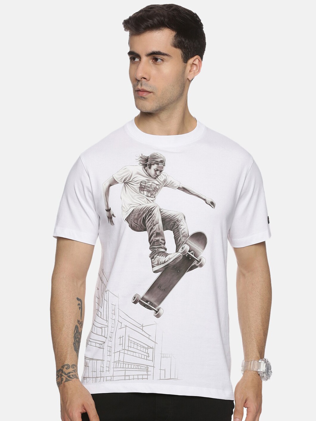 

ABLING Skating Printed Round Neck Pure Cotton T-shirt, White