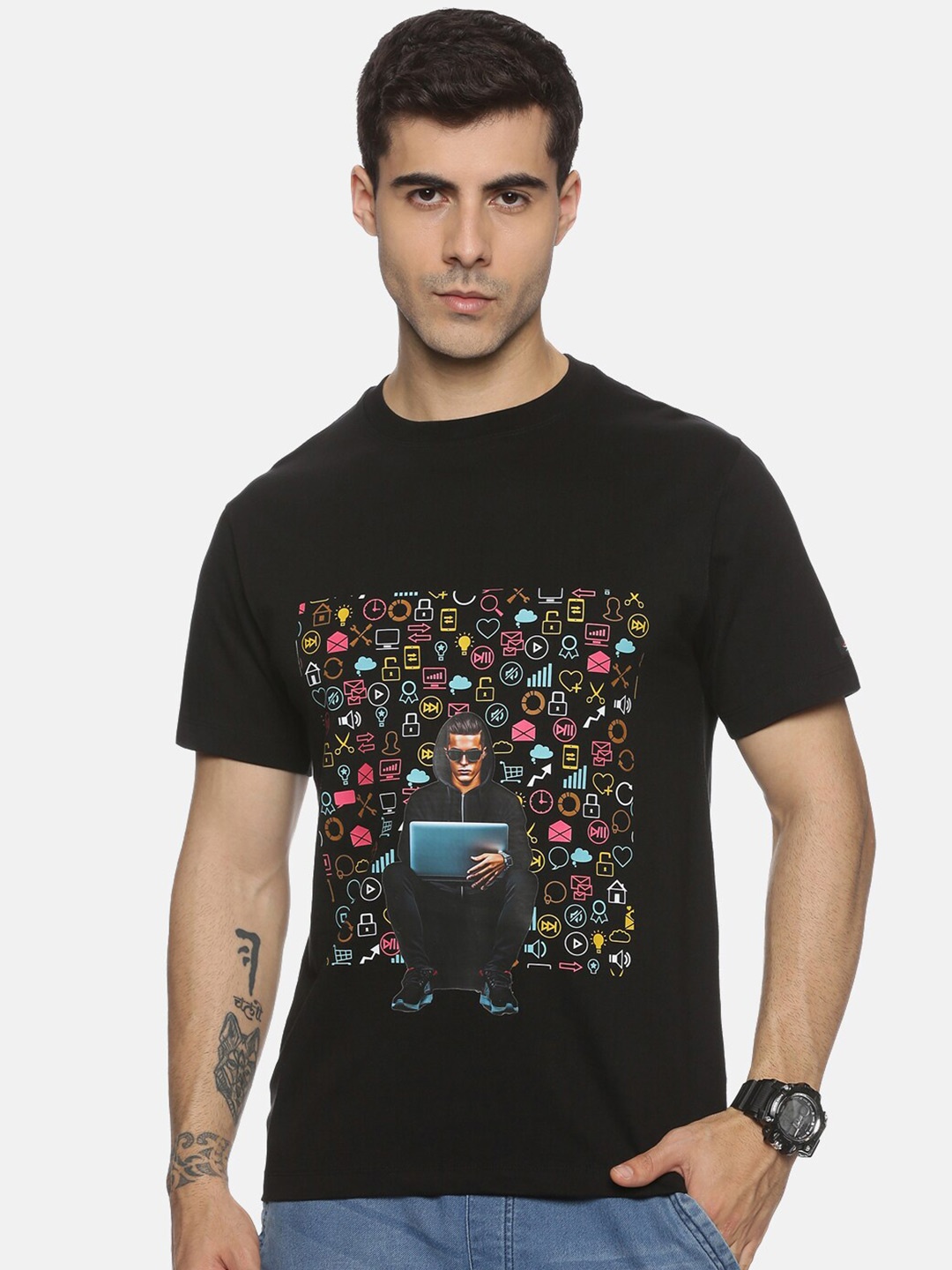 

ABLING Printed Round Neck Pure Cotton Bio Finish T-shirt, Black