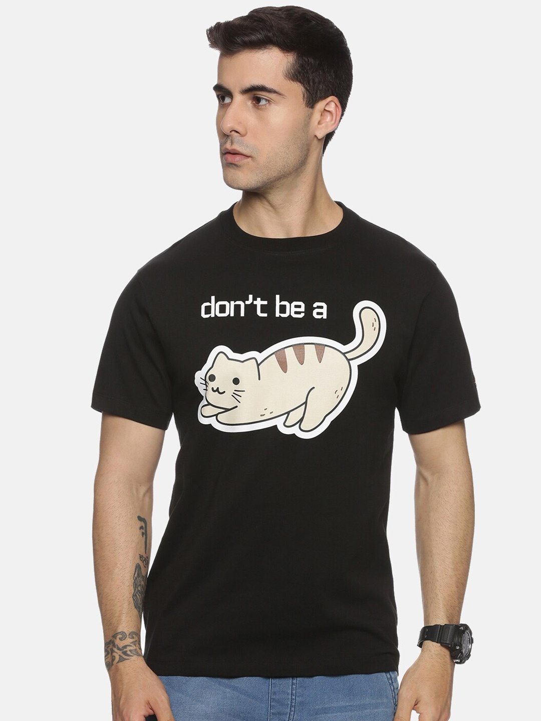 

ABLING Typography Printed Pure Cotton Bio Finish Applique T-shirt, Black