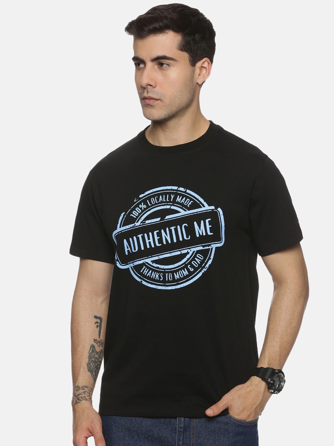 ABLING Typography Printed Pure Cotton Bio Finish T-shirt, Black