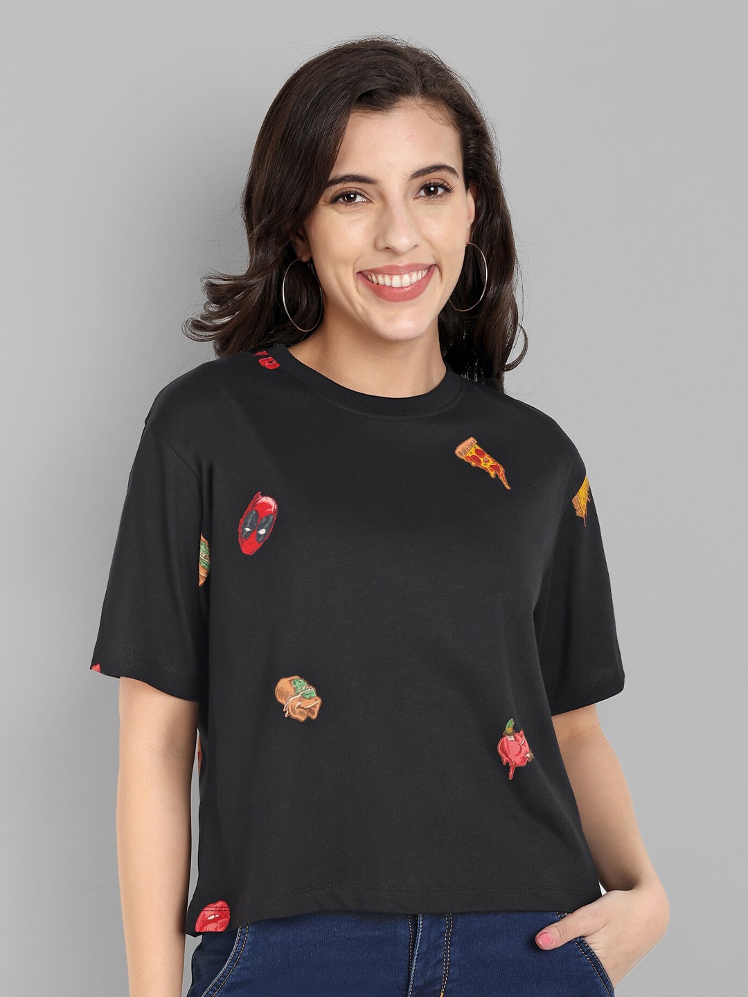 

Heylay Conversational Printed Drop-Shoulder Sleeves Cotton T-shirt, Black