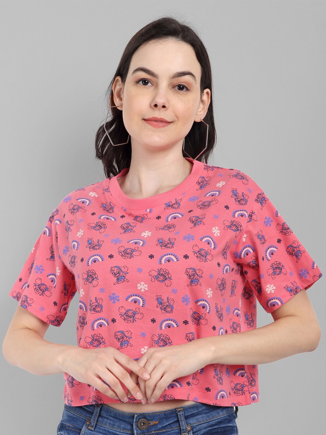 

Heylay Conversational Printed Round Neck Cotton Crop T-shirt, Pink