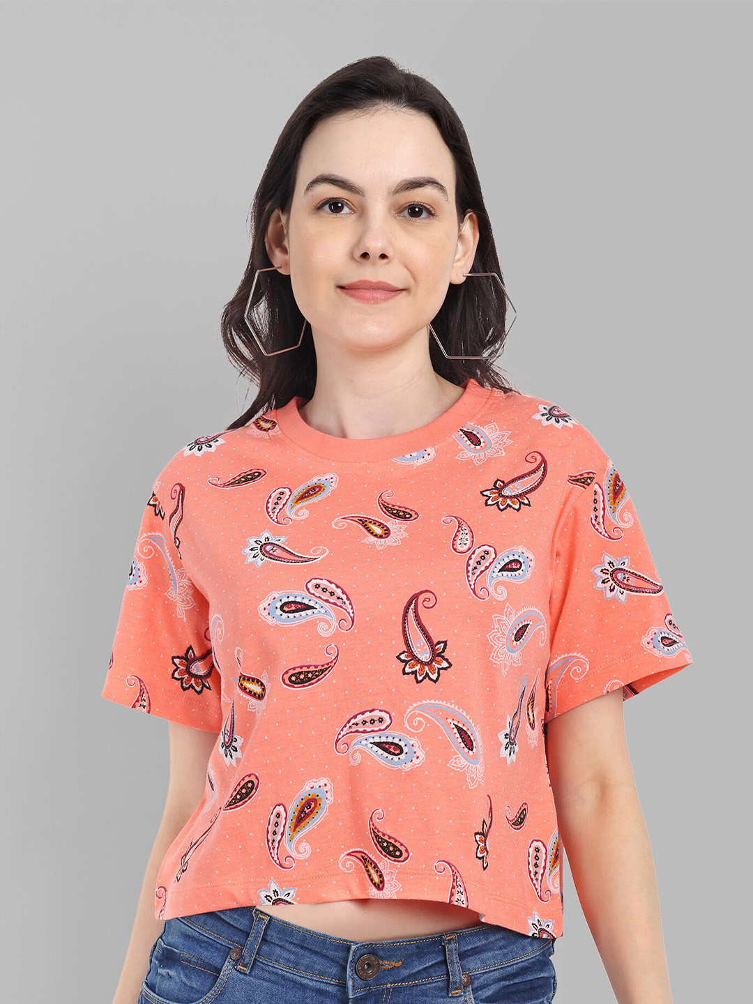 

Heylay Graphic Printed Round Neck Cotton Crop T-shirt, Orange
