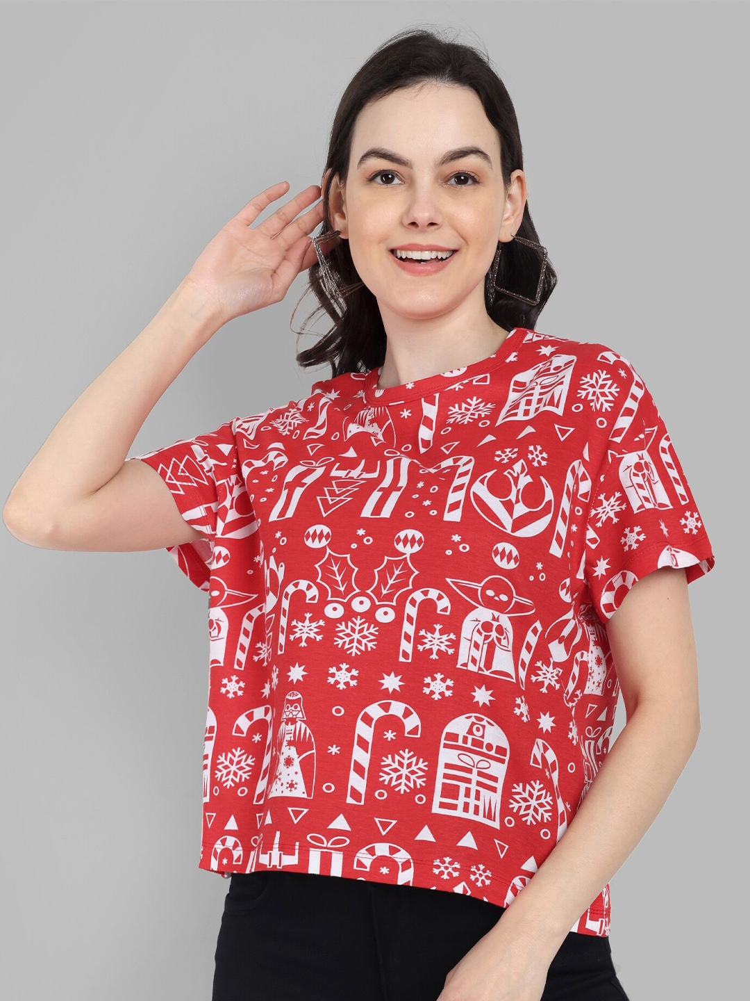 

HEYLAY Conversational Printed Round Neck Pure Cotton Oversized T-shirt, Red