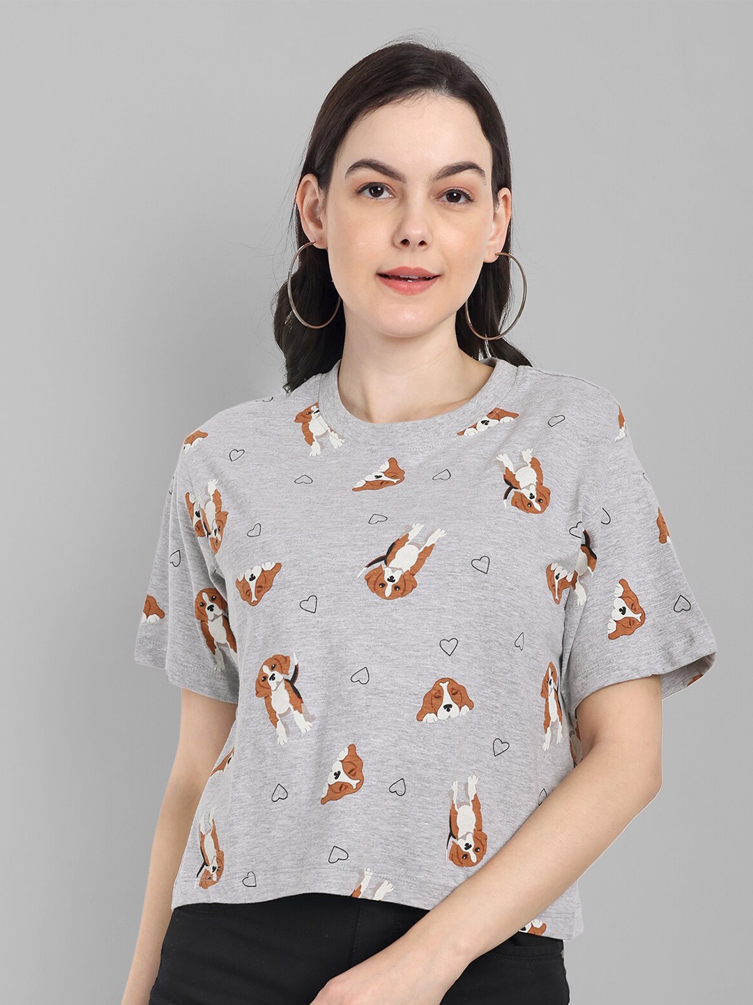 

HEYLAY Women Printed T-shirt, Grey melange