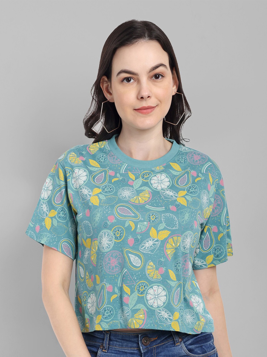 

HEYLAY Graphic Printed Round Neck Pure Cotton Oversized Crop T-shirt, Green