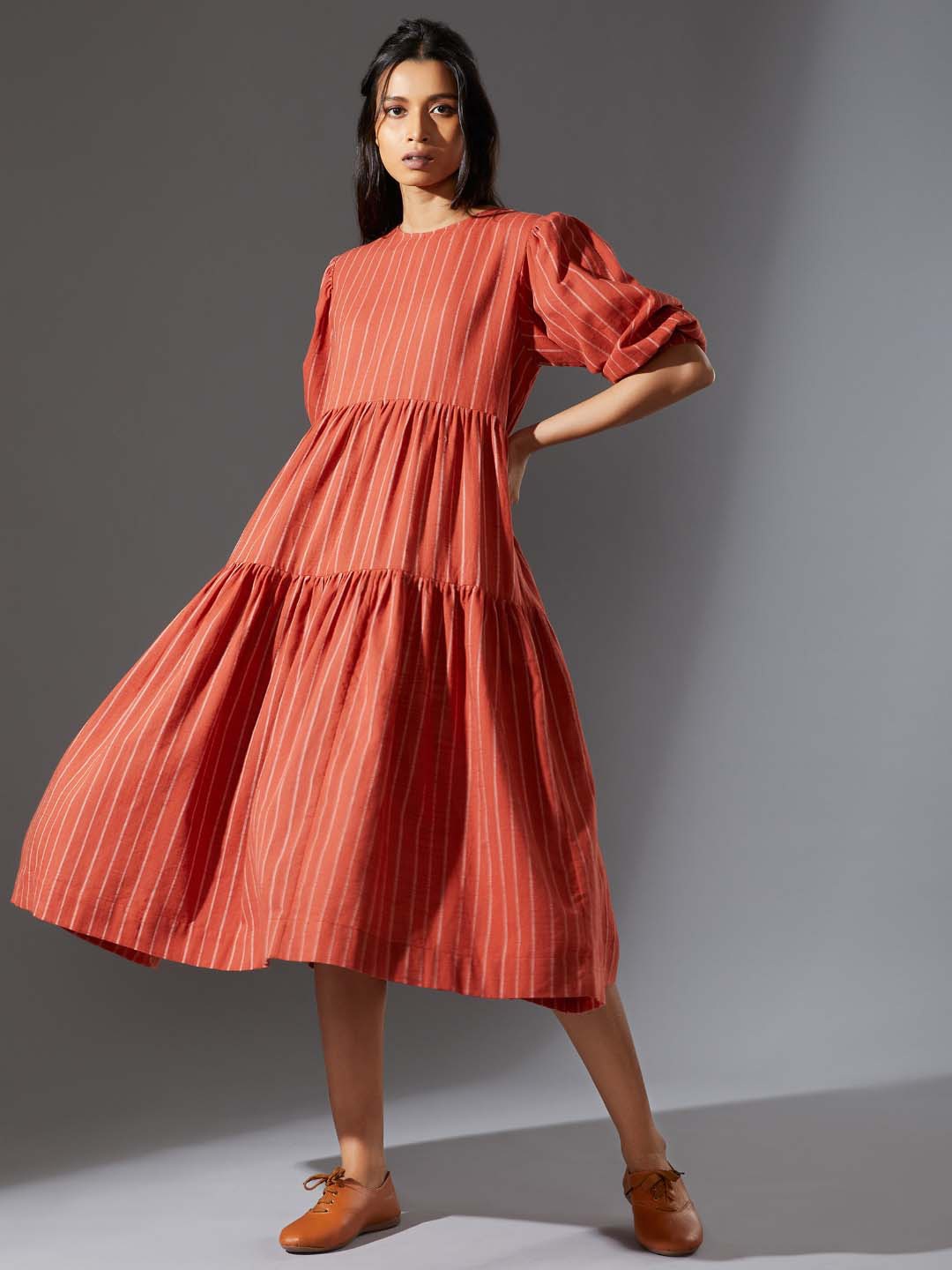 

MATI Striped Puff Sleeves Fit & Flare Cotton Tiered Midi Dress, Rust