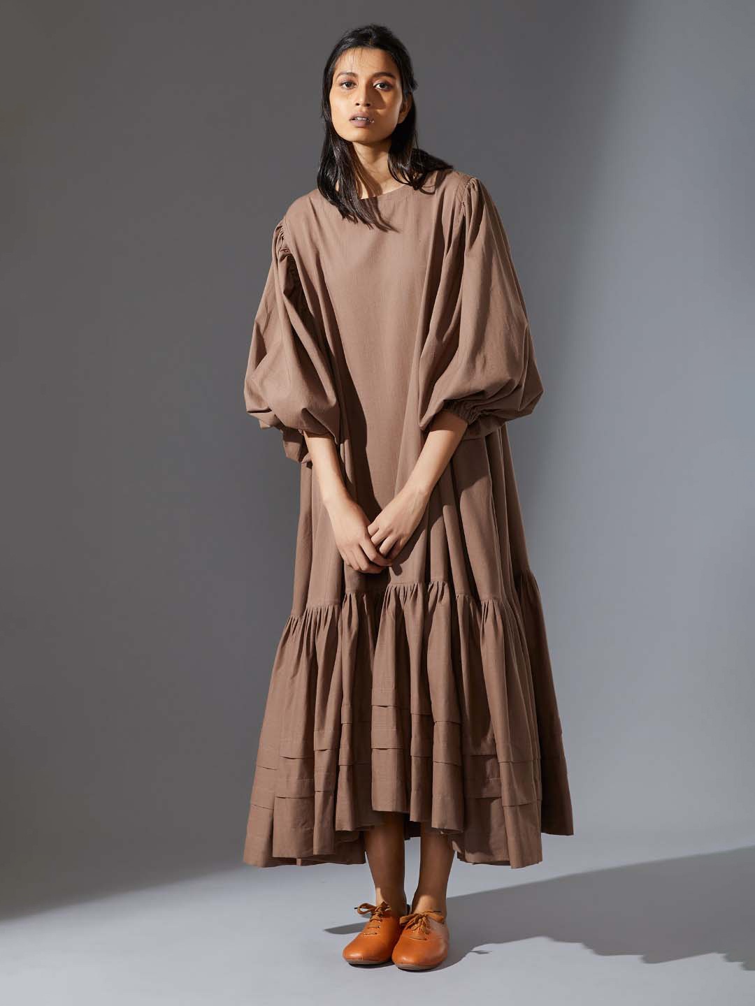 

MATI Kimono Sleeve Round Neck Cotton Kaftan Maxi Dress, Brown