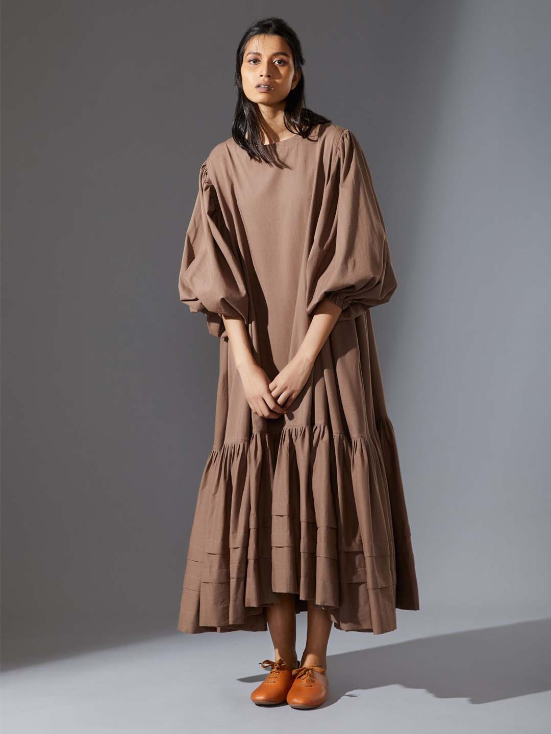 

MATI Puff Sleeve Tiered A-Line Midi Dress, Brown